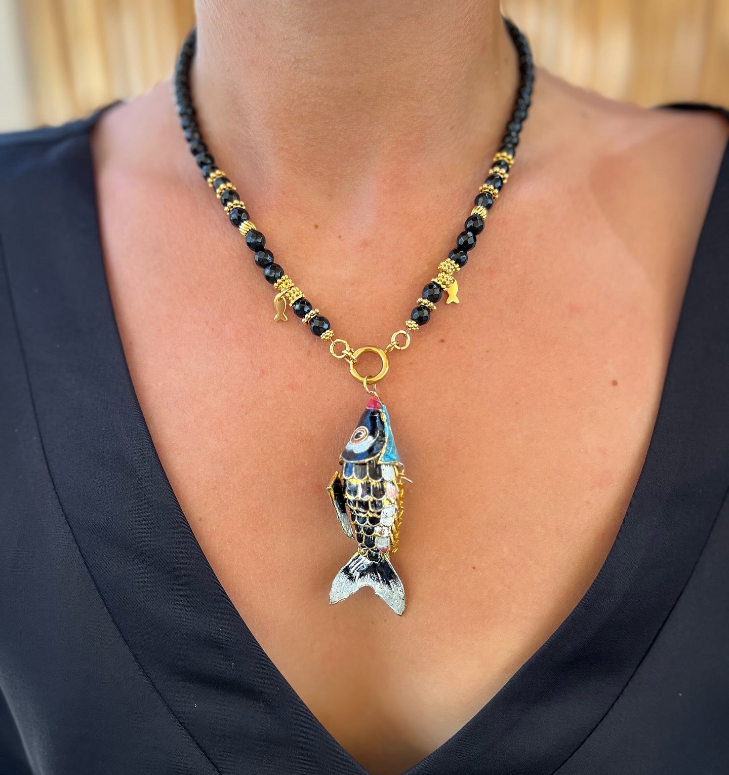 Black stone beads, fish pendant, statement necklace.